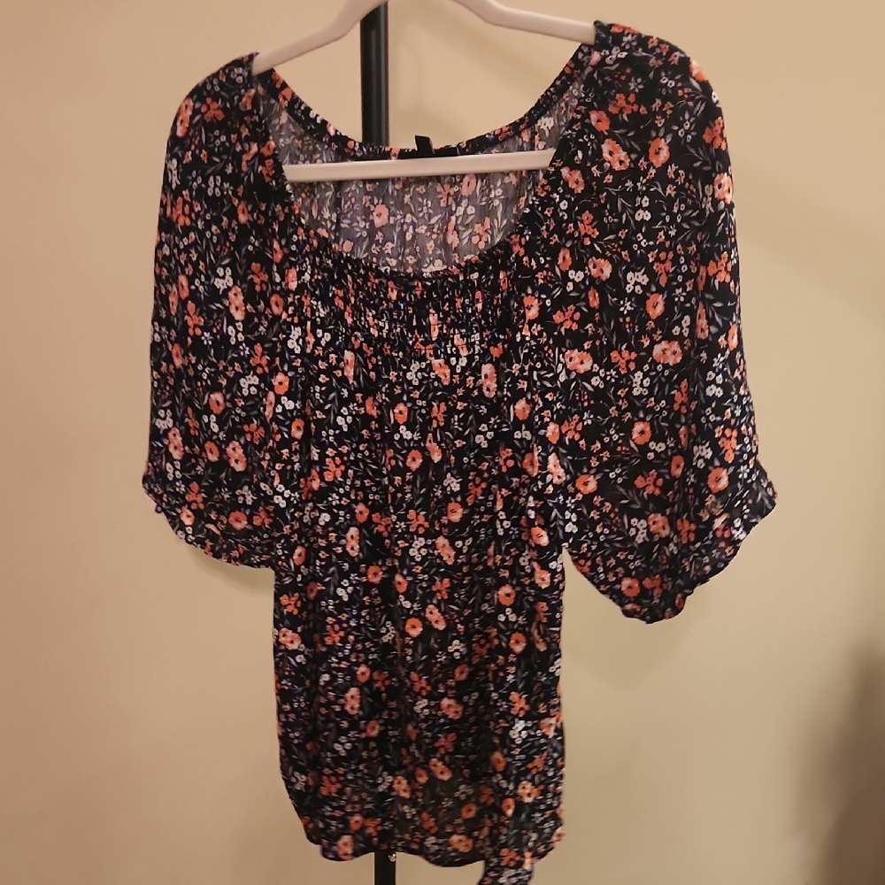 Bobeau Black and Pink Floral Blouse